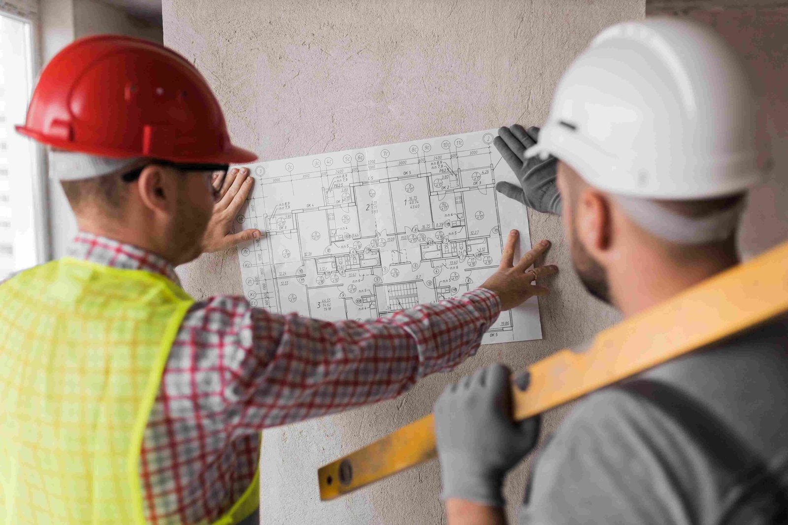 Construction professionals analyzing architectural plans for a building project in Zürich.